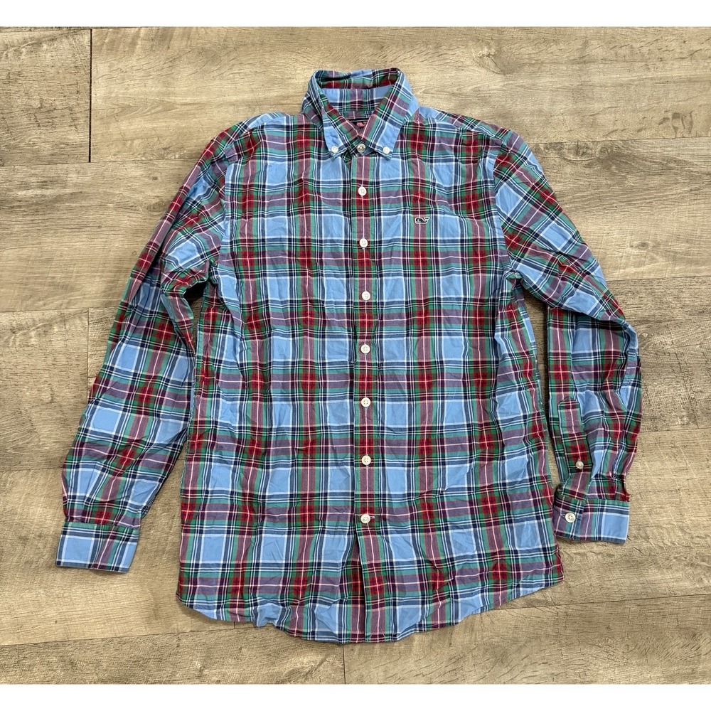 Vineyard Vines Shirt Youth Boys Large Blue Plaid Button Up Whale